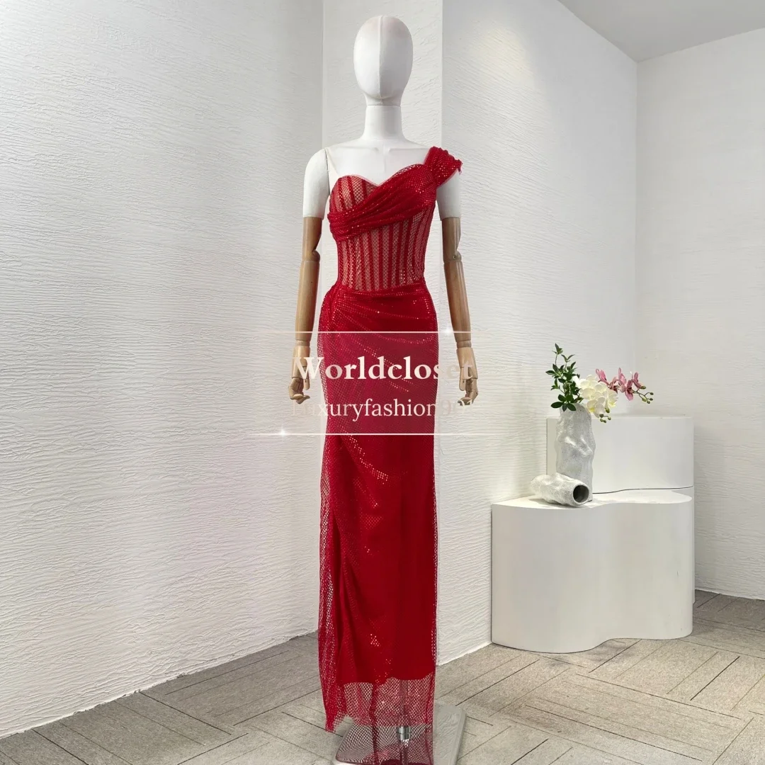 

2025 Fashion Red Sleeveless Sequin Beading Mermaid Fishtail Maxi Evening Dress Woman Streetwear