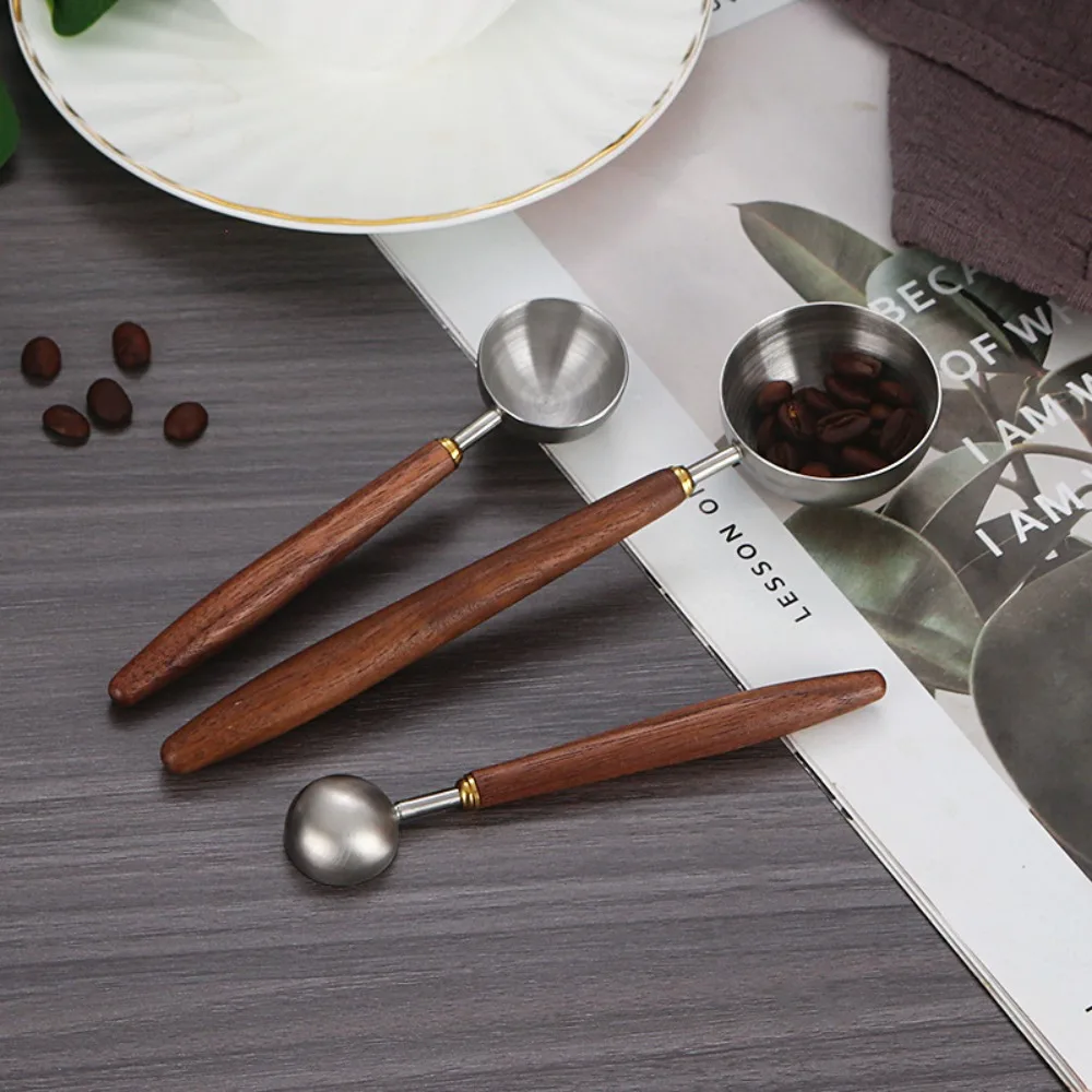 304 Stainless Steel Coffee Bean Measuring Spoons Long Handle 3/8/23ML Coffee Scoop Walnut Handle Coffee Powder Measuring Spoon