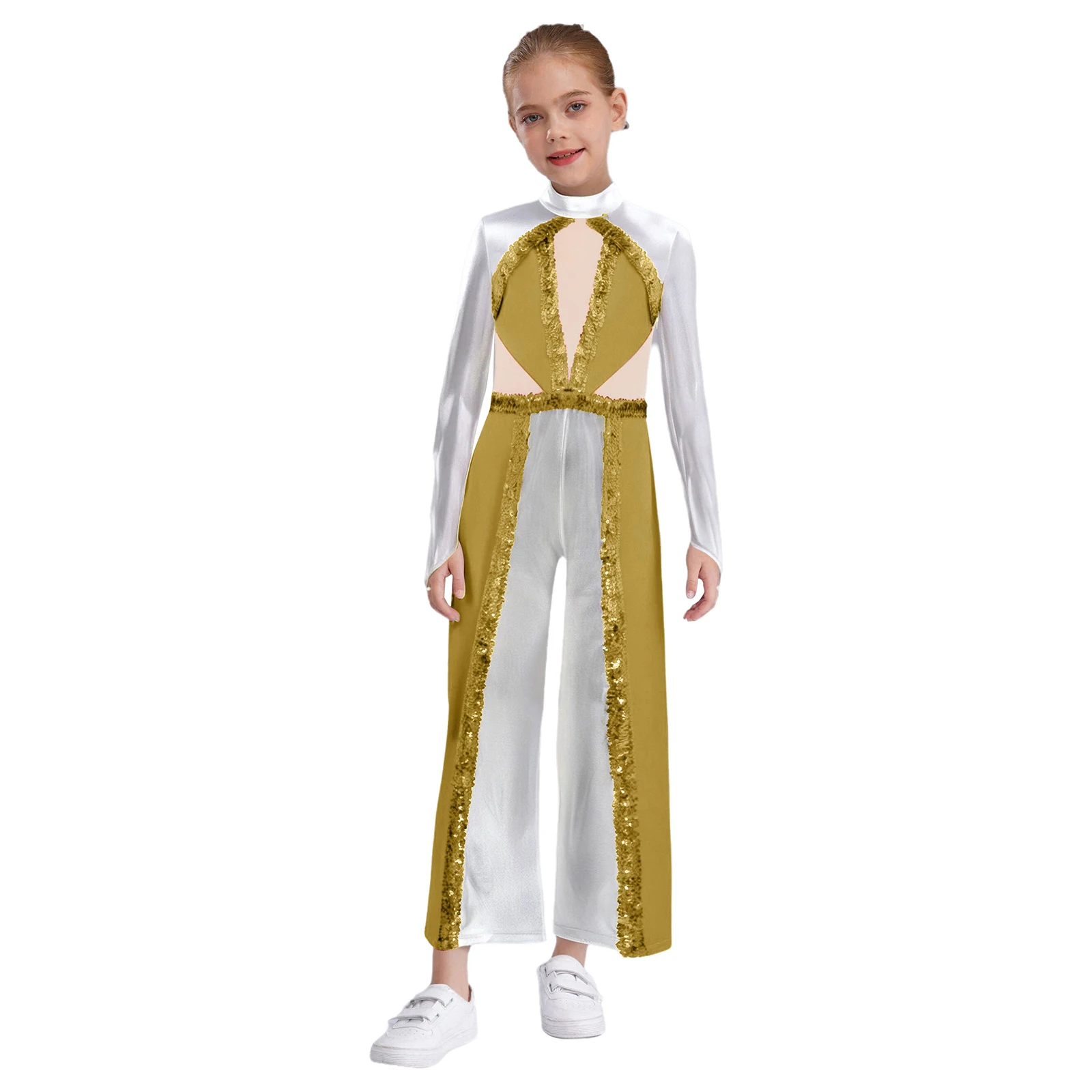 بدلة رقص ليتورجيكال للفتيات الصغيرات بذلة معدنية لامعة ترتر كتلة ألوان بأكمام طويلة شبكية مرقعة بدلة كنيسة