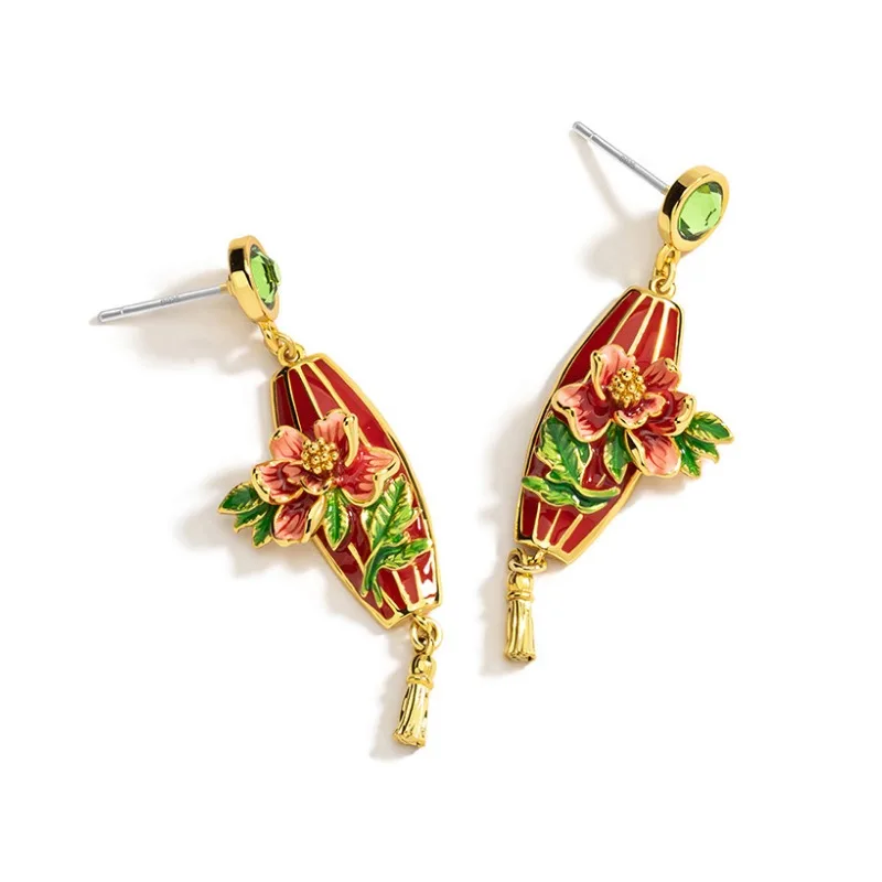 السنة الجديدة الصينية-شيك العرقية نمط الفاوانيا الحمراء فانوس أقراط طويلة النمط الوطني الرجعية شخصية الدوبامين يرتدي المجوهرات