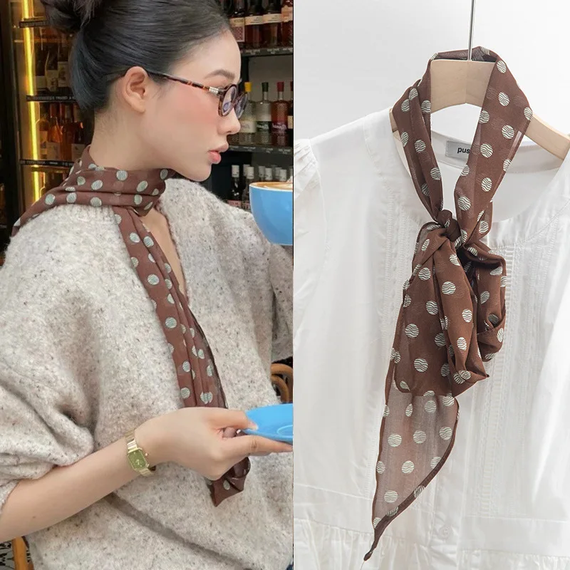 

Brown polka dot silk scarf print high-end versatile accessory for women, neck tie, new year's fashion, hair band,