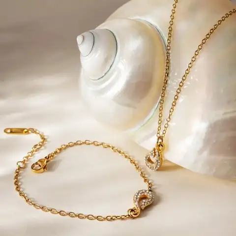 Zora Summer Vacation Crystal Fishhook Pendant Necklace Bracelet For Women 18K Gold Plated Stainless Steel Jewelry Set Gift