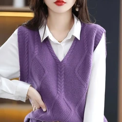 Autumn New Korean Sweater Vest Women V Neck Pullover Knitting Vest Tops Female Casual Sleeveless Solid Color Waistcoat Female