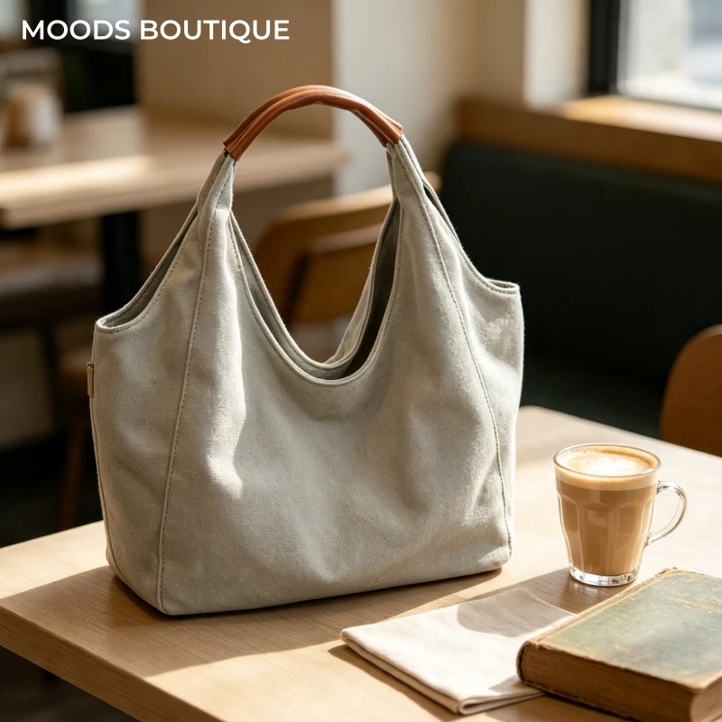 MOODS High Quality Shoulder Tote Bags For Women Simple Fashion Armpit Bag Canvas Farbic Large Capacity Shopping Travelling Totes
