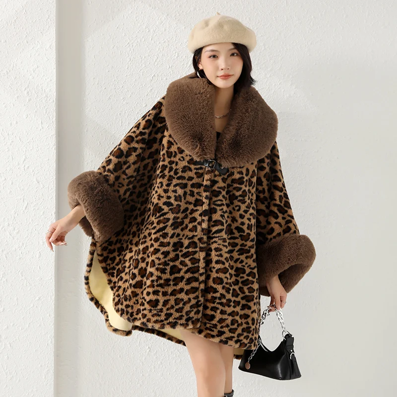 4 Colors Lady Loose Faux Fur Woolen Leopard Capes Women Winter Warm Thicken Batwing Sleeves Loose Cloak Streetwear Overcoat