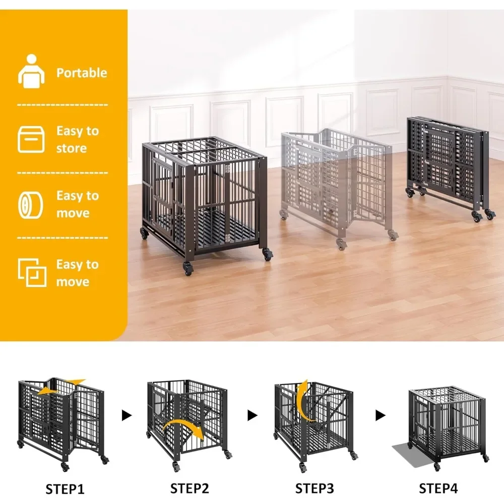 Heavy Duty Dog Crate, Folding Dog Kennel, Escape Proof Large Dog Cage Kennel with Lockable Wheels, High Anxiety Pet Playpen