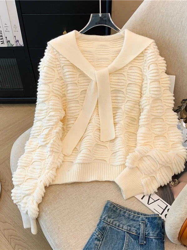 Luxury European Style Women's Knitted Sweater with Shawl Collar Lazy Style Autumn Winter Fashion  Knot Long Sleeve