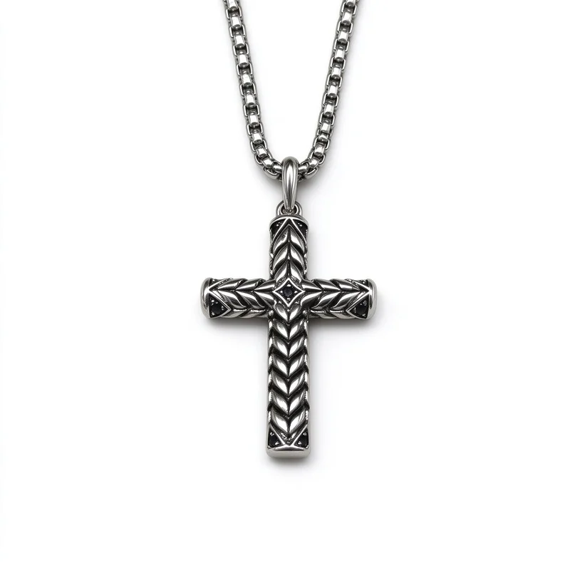 Chevron Cross Pendant Necklace for Men Women, Silver Crucifix with Herringbone Texture and Black CZ on Four Ends, Thick Box Chain, 50+5cm, Religious Faith Fashion Jewelry, High Quality Alloy Hypoallergenic Durable Polished, Gift for Him Her Birthday Gift