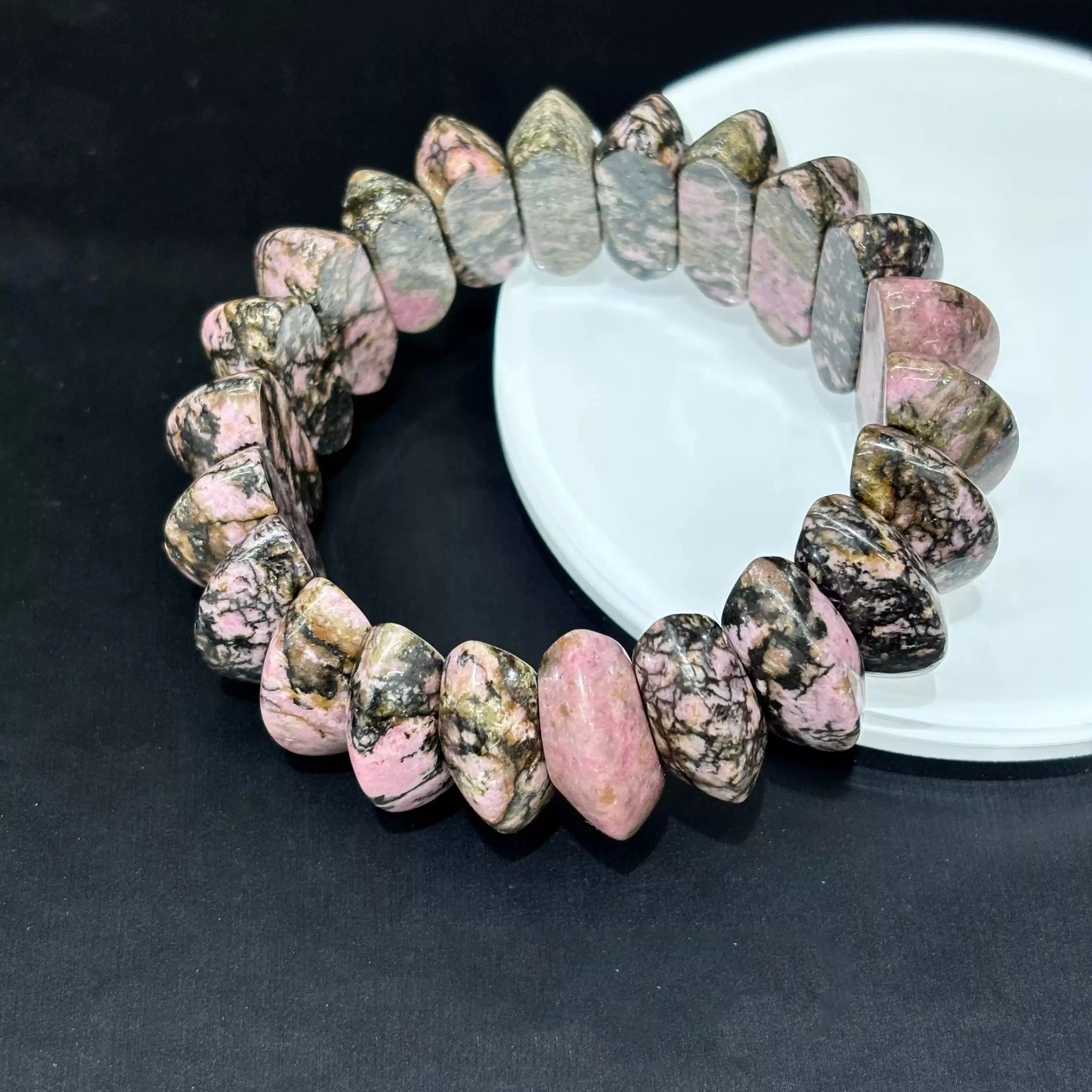 

Natural Rhodonite Crescent Slab Bracelet,Polished Asymmetrical Segment Stretch Bangle for Bold Minimalist & Alternative Styling
