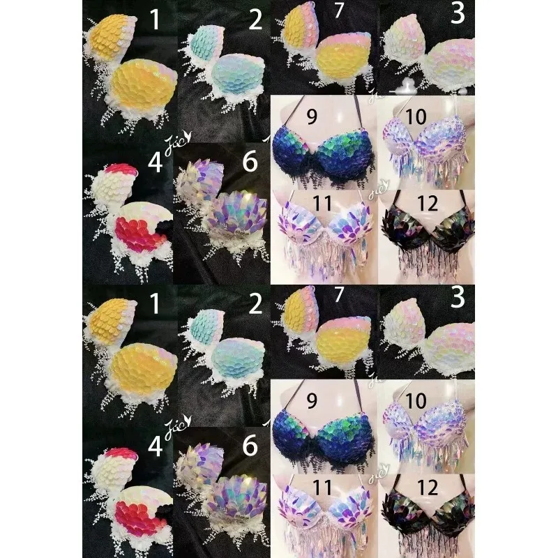 Aquarium Performance Fishtail Sequin Shell Bikini Top Bra Free Diving cos Swimsuit