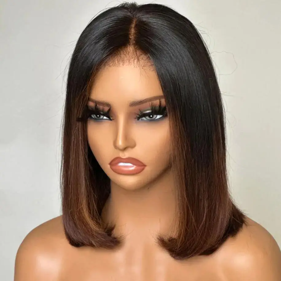 Soft Glueless Ombre Brown Straight Short Cut Bob Preplucked Baby Hair Lace Front Wig For Black Women 180Density Natural Hairline