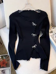 Black/White Solid Lettuce Trim Bowknot Pullover Sweater Y2K Casual Long Sleeve Sweater For Spring & Fall Women's Clothing