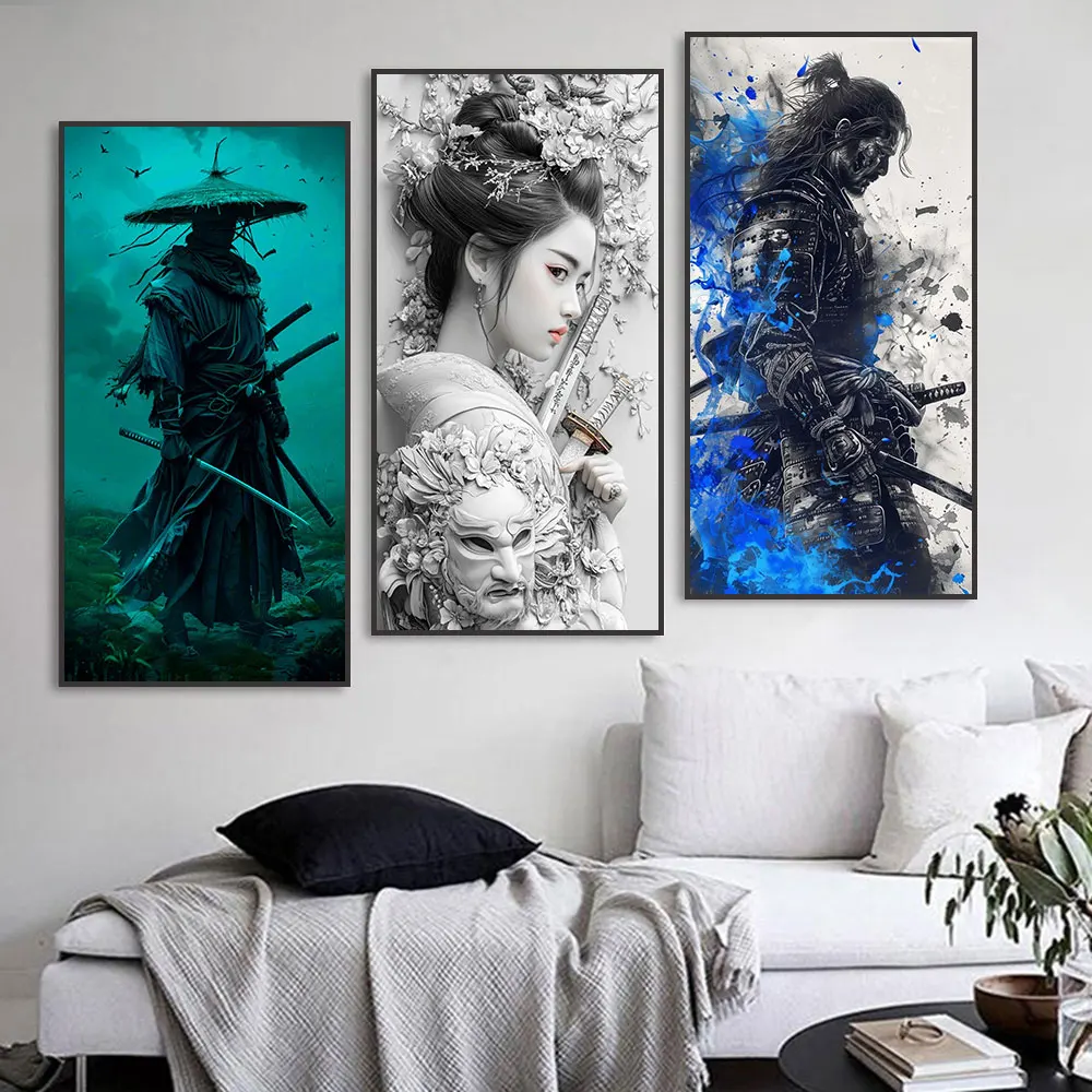 Vintage Japanese Samurai Poster Printed Canvas Modern Living Room Drawing Art Decor Black White Photo Wall Decoration