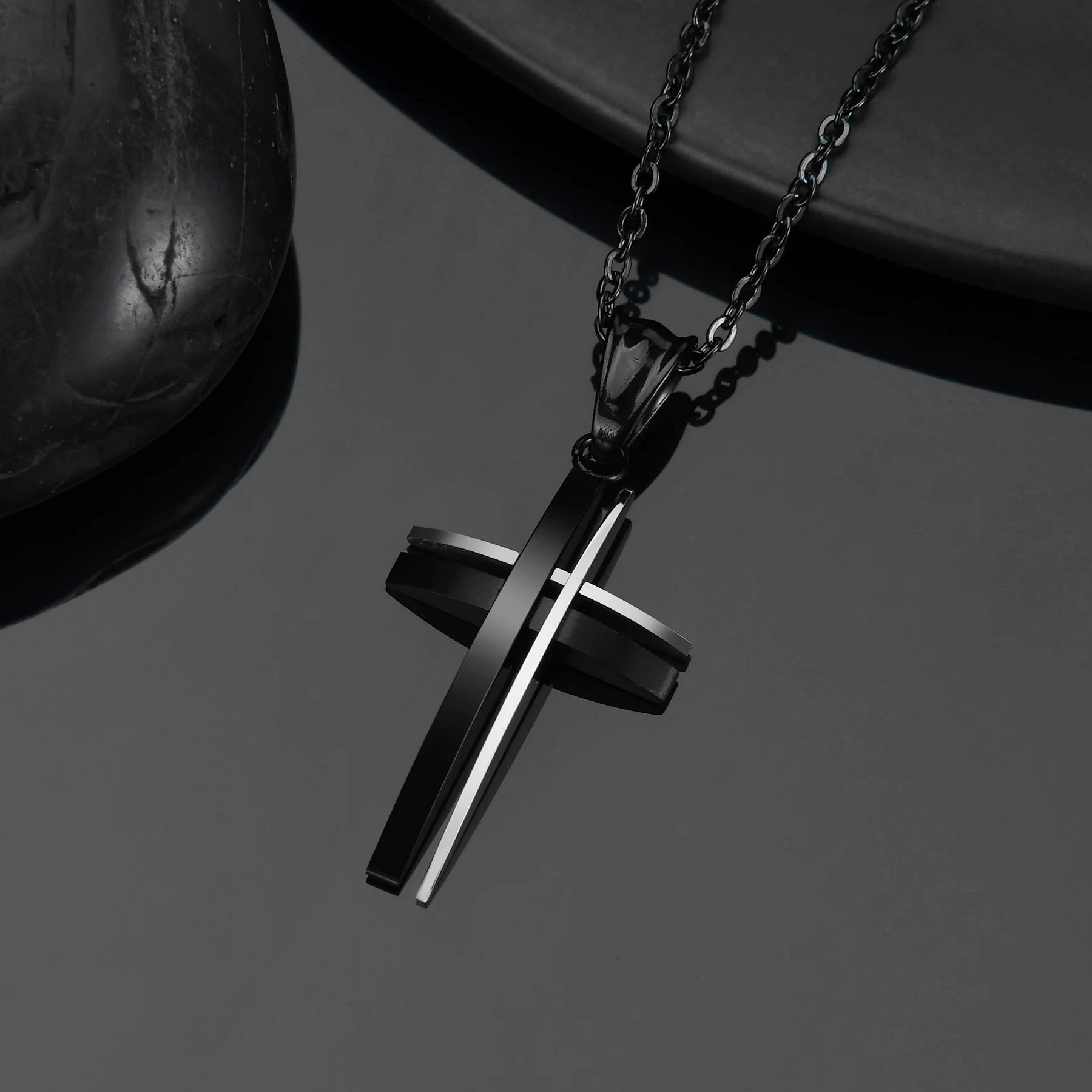 Black Hollow Cross Pendant Stainless Steel Necklace Religious Cross Simple Jewelry Gift for Men Women