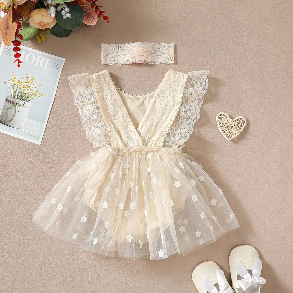 Infant Baby Girl 2Pcs Summer Outfits Ruffle Sleeve O-Neck Lace Floral Romper Dress with Headband Set