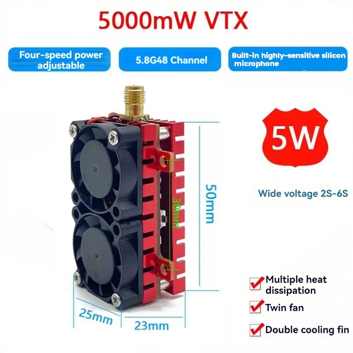 Sales! 5W 5.8G VTX 5000mW 48CH FPV Video Transmitter with Cooling Fan 2S-6S for FPV Long Range RC Drone