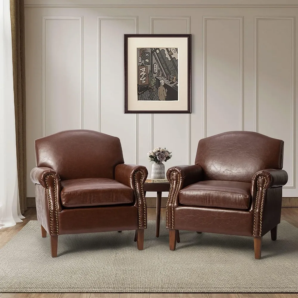 

Pair of Faux Leather Chairs with Vintage Wooden Legs, Plush Armchairs Featuring Nail Head Trim, Individual Sofa