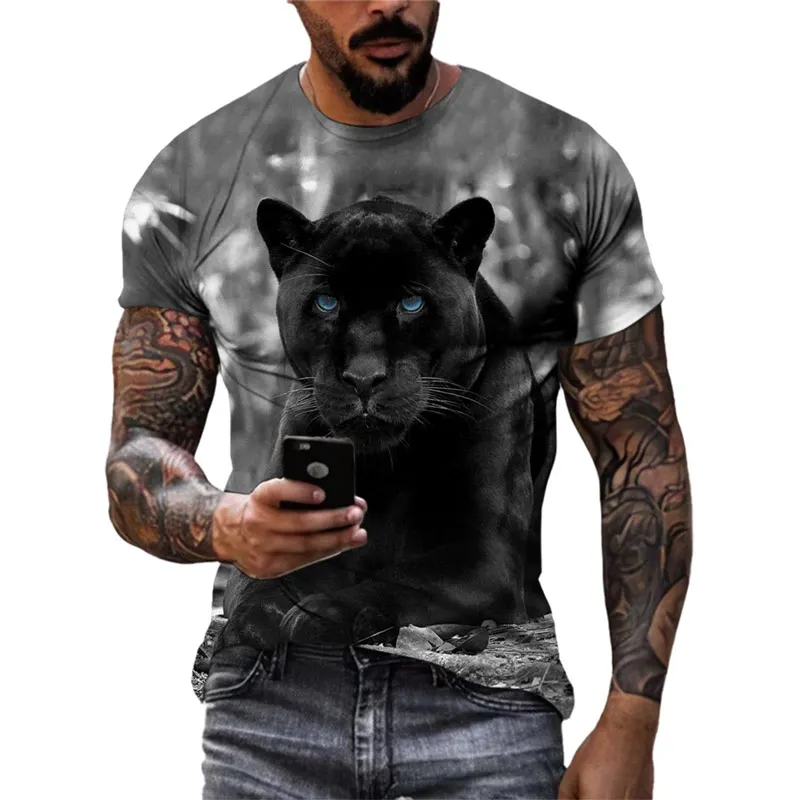 New Personalized Black Panther T-shirt Summer Trend Men\'s Casual Trend Short Sleeve 3D Printed Animal Tough Guy O Neck Top 6XL