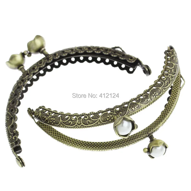 

50Pcs Bronze Tone Metal Arc Frame Clasps White AB Resin Ball Flower Pattern Bag Purse Handbag Handle 8.5x6cm