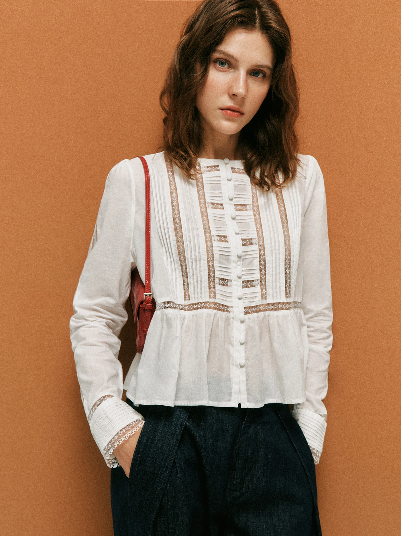 

High-Count Thin Cotton ort Lace Patchwork Pleated Ruffle Collar irt Commute Sle Comfortable Breathable Long Sve Wome...