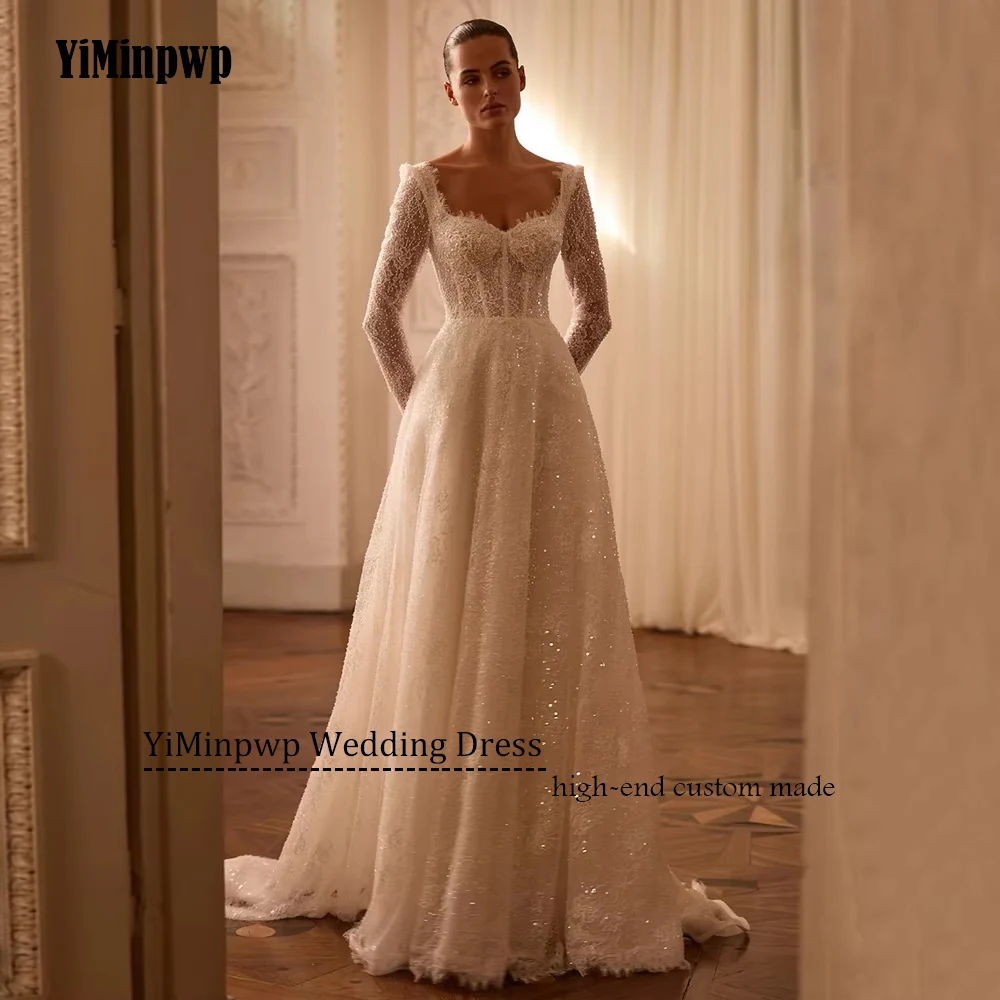 

Customized Luxury A Line Wedding Dress 2025 Bride Long Sleeve Sweetheart Sequined Backless Lace Bride Gowns vestidos de novia