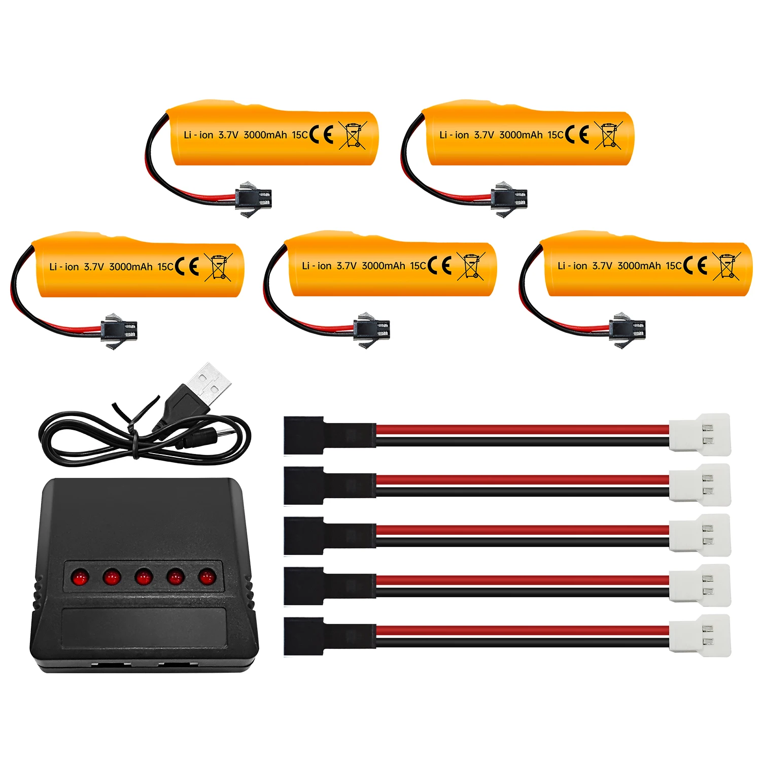 

5PCS 3.7V 3000mAh Li-ion Batteries with SM-2P Plug and 5-in-1 Charger for DE42 DE44 DE45 DE68 RC Car,Drifting Car Truck