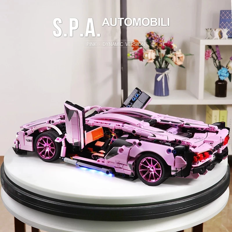 Technical Sports Car With Light 1:14 Pink Lambor Building Blocks Limited Edition Vehicle Assemble Bricks Toys Gifts For Girls