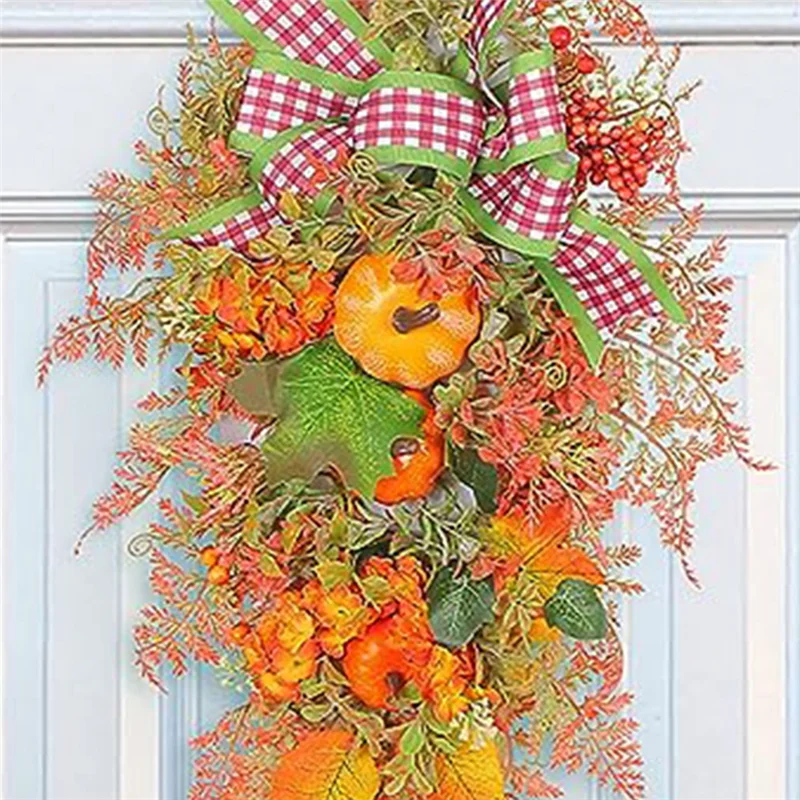 

ABYS-Fall Harvest For Front Door,Fall Wreath,Artificial Fall Harvest Teardrop,Thanksgiving Decorative Swags,Autumn Fall Decor