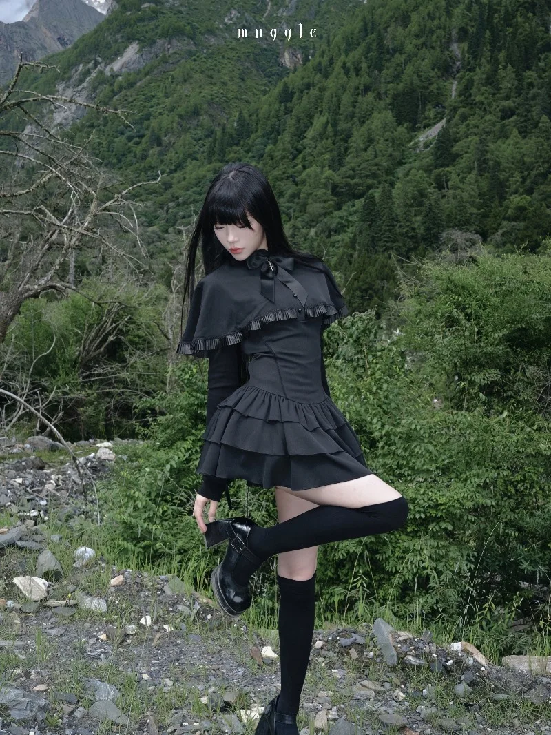 Francuski styl, nowy projekt, peleryna, retro, słodkie, eleganckie sukienki, jesienne, eleganckie, z niskim stanem, koronkowe, bufiaste, krótkie sukienki damskie, ubrania Y2k