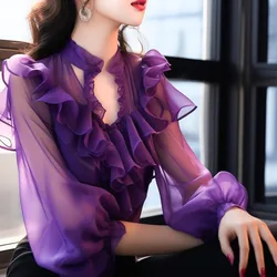 2024 Spring Summer New Solid Color Chiffon Fashion Flattering Blouses Spliced Ruffles V-neck Sheer Long Sleeve Women's Shirts