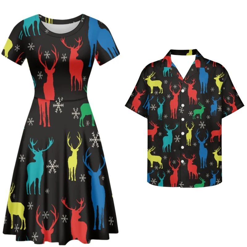 HYCOOL Merry Christmas Women Dress Classtic Cartoon Deer Snowflake Printed Mini Party Dress Holiday Ladies Sweet Pleated Dres