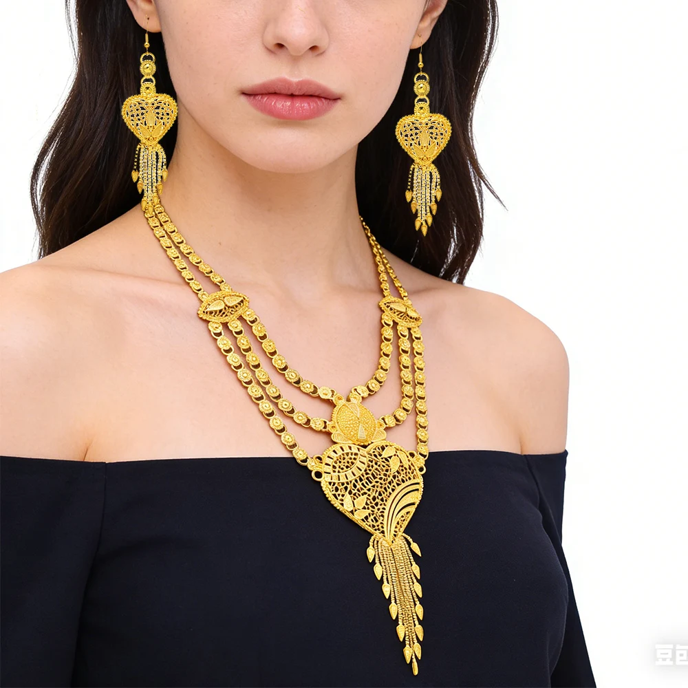 

Gold Color Hollow Heart Pendant Necklace Earrings Set Nigerian Party Bridal Wedding Ethiopian Luxury Dubai Jewelry Kurdish Gifts