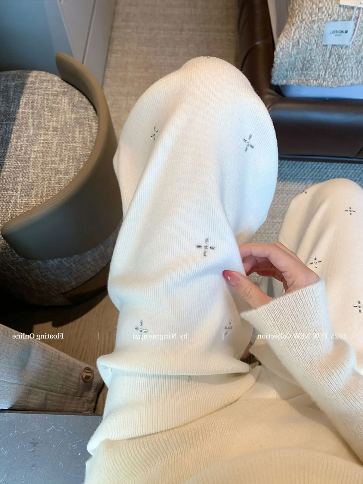 Korean Style High Waist Wide Leg Knitted Pants Women's Autumn Winter Casual Loose Fit Diamond Embellished Straight Tube Pants