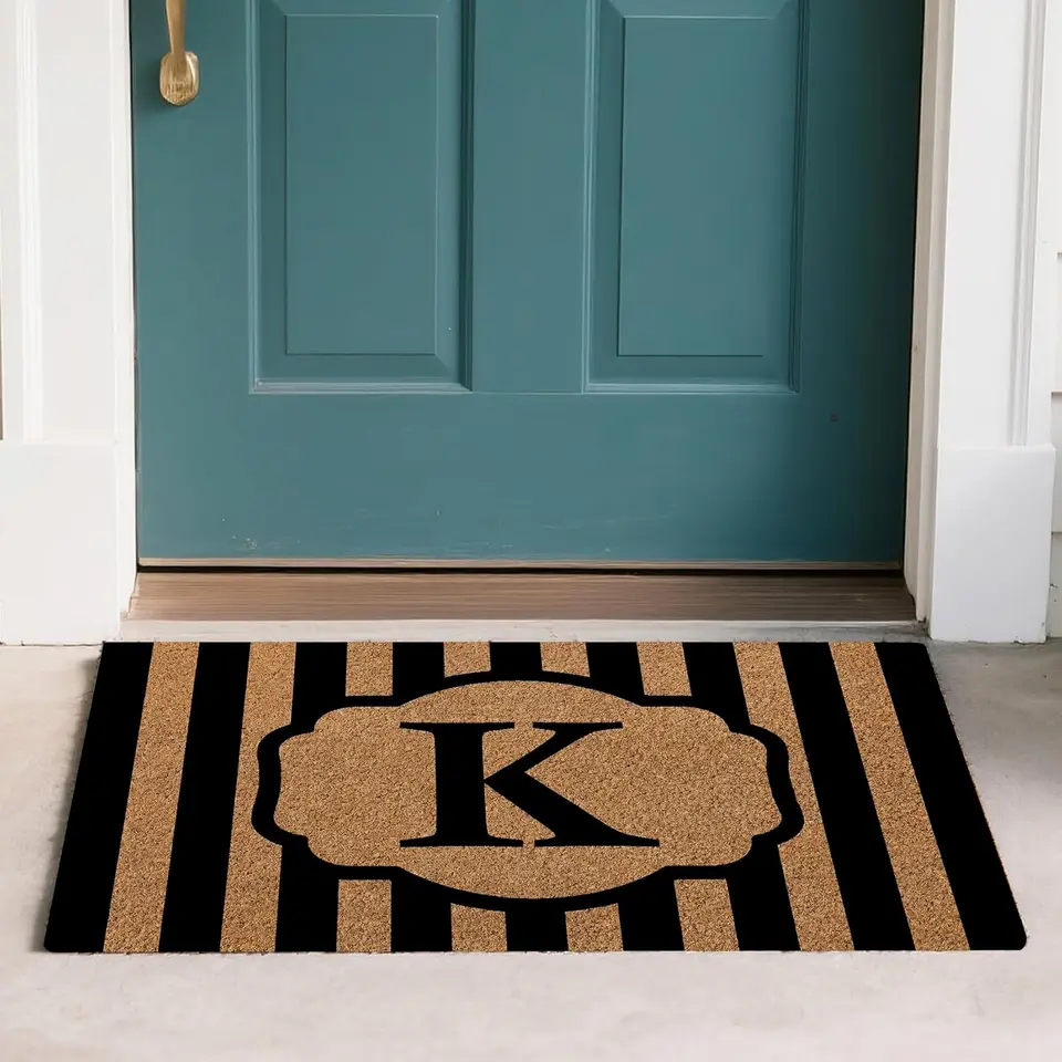 Personalized Black Striped Initial Doormat