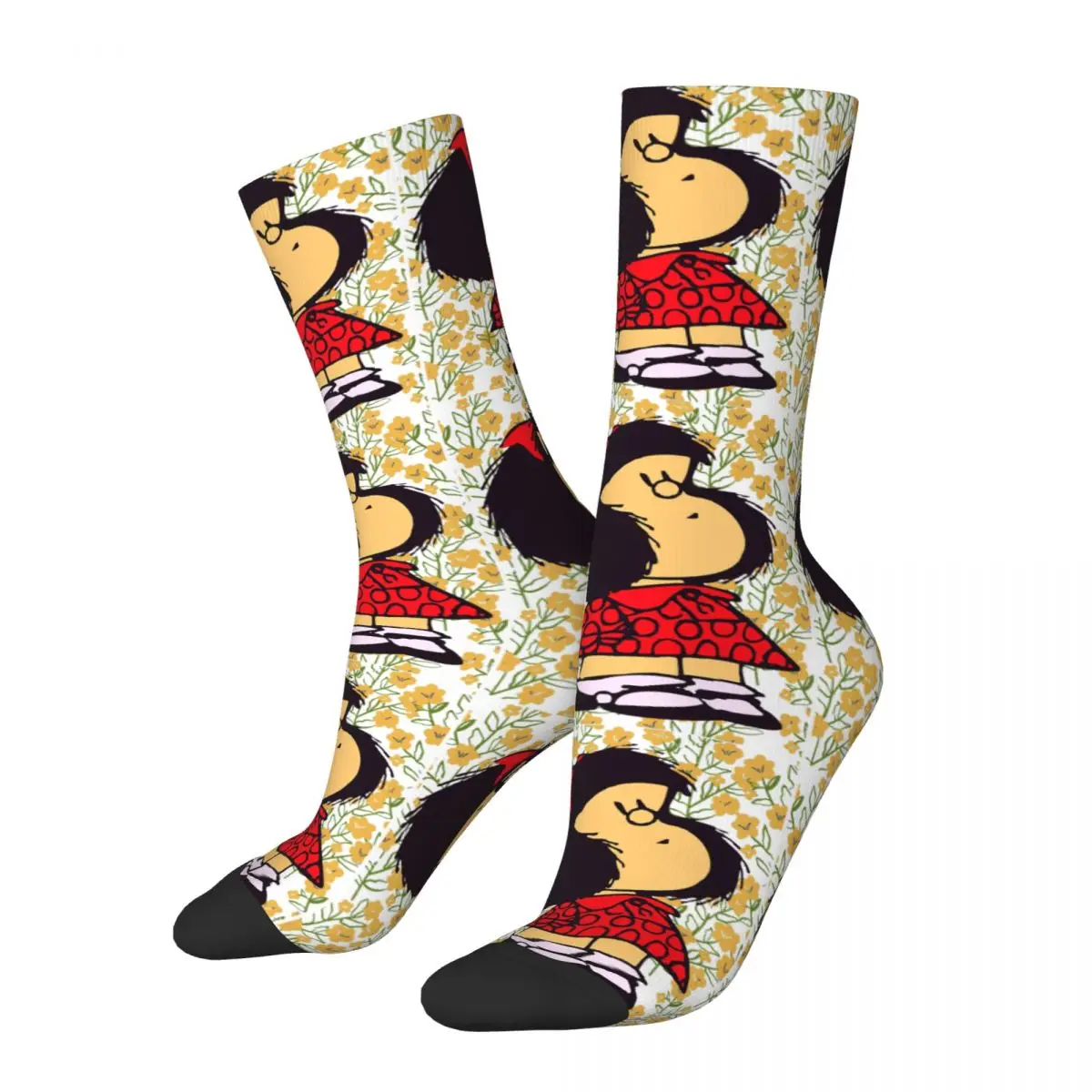 Funny Crazy Sock for Men With Flowers Hip Hop Harajuku Mafalda Cartoon Happy Seamless Pattern Printed Boys Crew Sock Gift