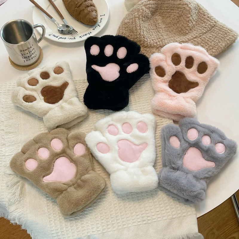 1Pair Winter Cartoon Lovely Plush Cat Claw Paw Gloves Warm Soft Mittens Fingerless Fluffy Bear Gloves Costume Half Finger Gloves