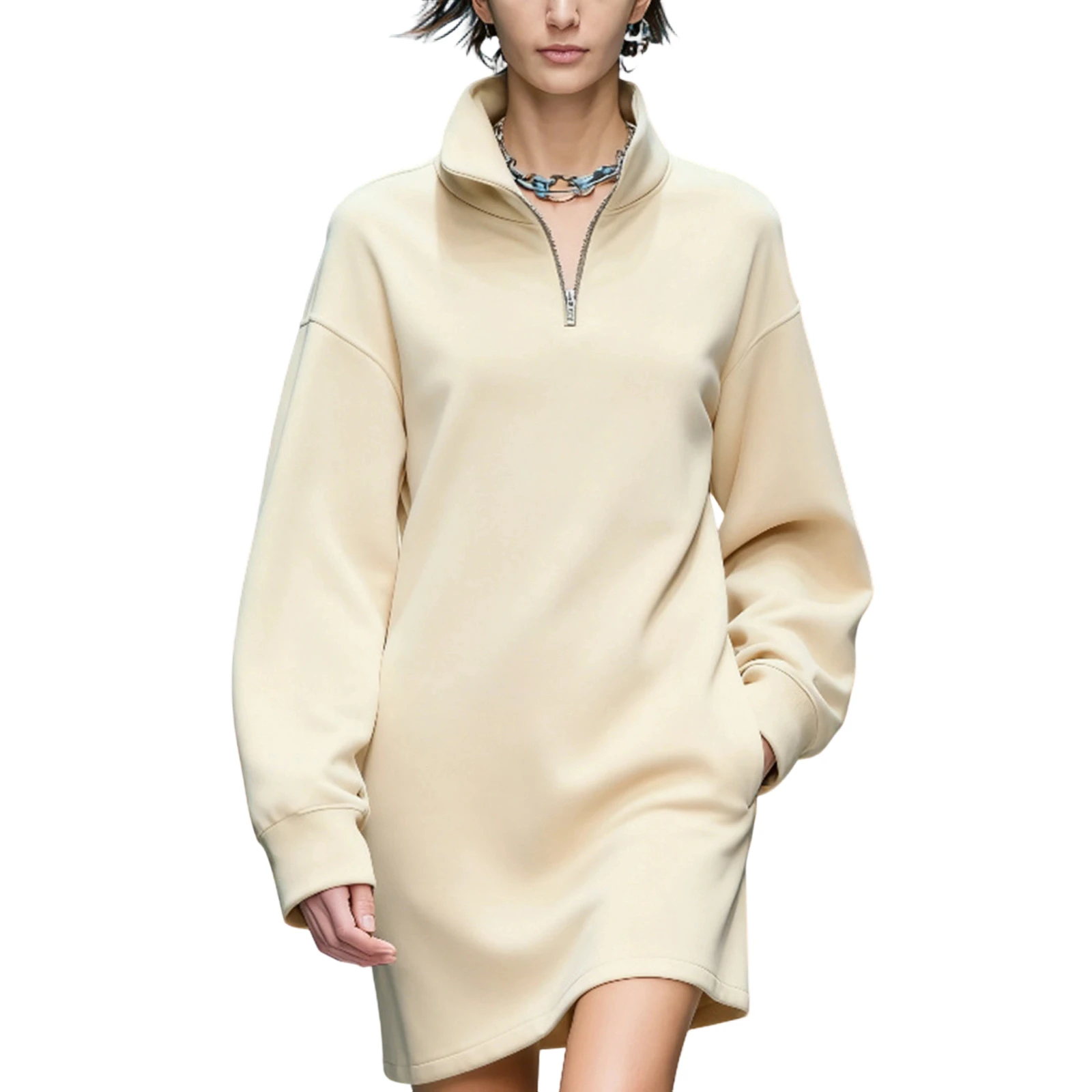 Robe sweat-shirt couleur unie, demi-fermeture éclair, jupe courte couchée à la taille, tenue d'affaires décontractée pour femmes, robe t-shirt, printemps et automne