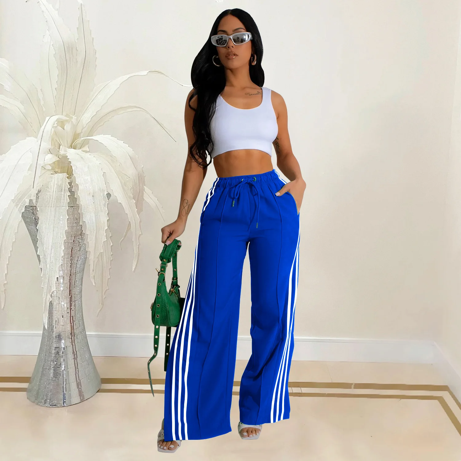 

2024 Casual High Waist Sports Pants Women Solid Stripe Patchwork Lace Up Home Party Sport Wear Wide Leg Pants Women