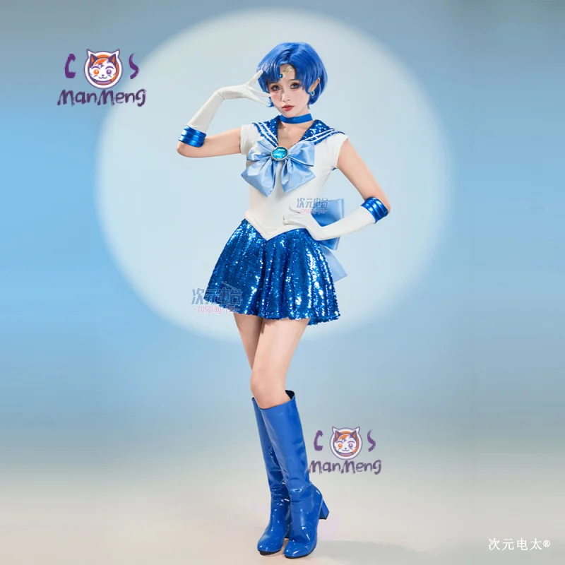 

Mizuno Ami Sailor Mercury Cosplay Costume Anime Moon New Sweet JK Uniform Top Skirt Headwear, Gloves Halloween Christmas Suit
