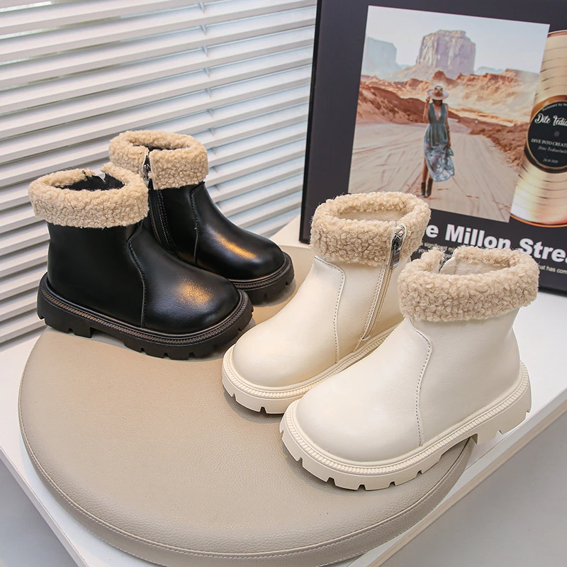 

Kids Short Boots Suede Warm Soft Bottom Girls Leather Boots Round Toes 2025 Autumn Winter Children Ankle Boots with Side Zipper