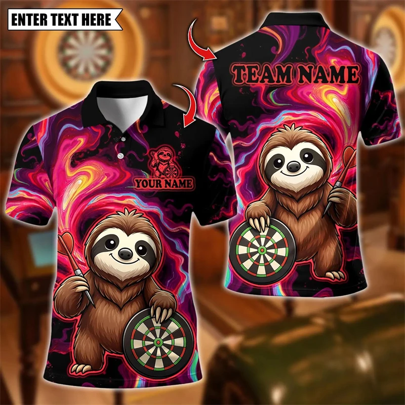 Fashion Sloth Graphic Darts Polo Shirts For Men Personalization Name Team Name 3D Printed Polo Shirt Loose Streetwear Tees Tops