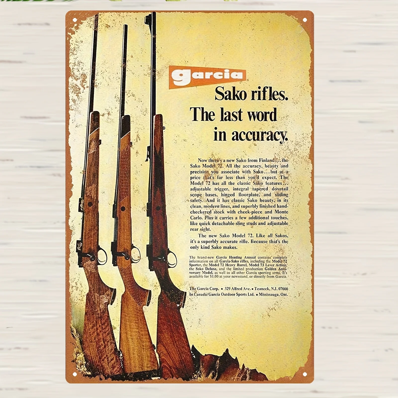 Vintage Metal Wall Sign - Garcia Sako Rifles Advertisement Featuring Model 72, Traditional Iron  Rustic Home Decor for Living