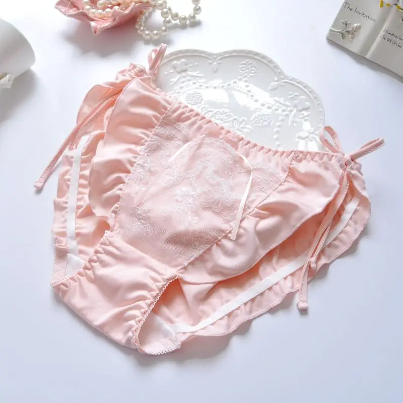 Japanese Style Milk Silk Cute Lovely Sweety Princess Panties Lace Tether Sexy Female High Elasticity Ruffles Underwear Calcinha