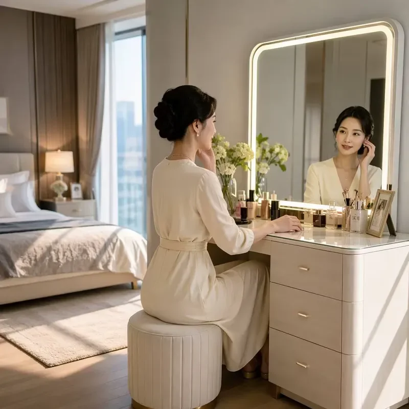 Modern Minimalist Cream Wood Dressing Table LED Lighted Mirror Vanity Desk Set for Bedroom Apartment Bathroom