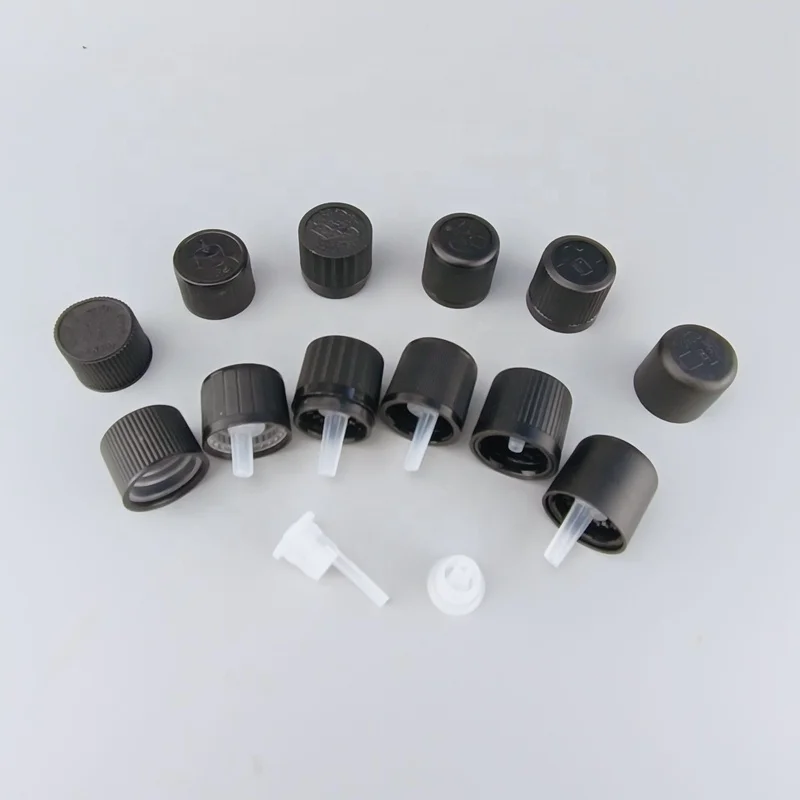 CRC 18 415 child resistant cap with safty ring essential oil packaging black plastic tamper evident child-resistant cap