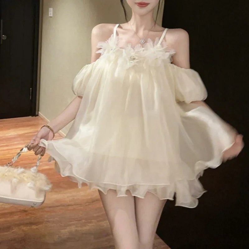 

Pink Dresses A-line Camisole Feminine Sweet Temperament Bubble Sleeves Summer Korean Flower Decoration High-quality Skirt New