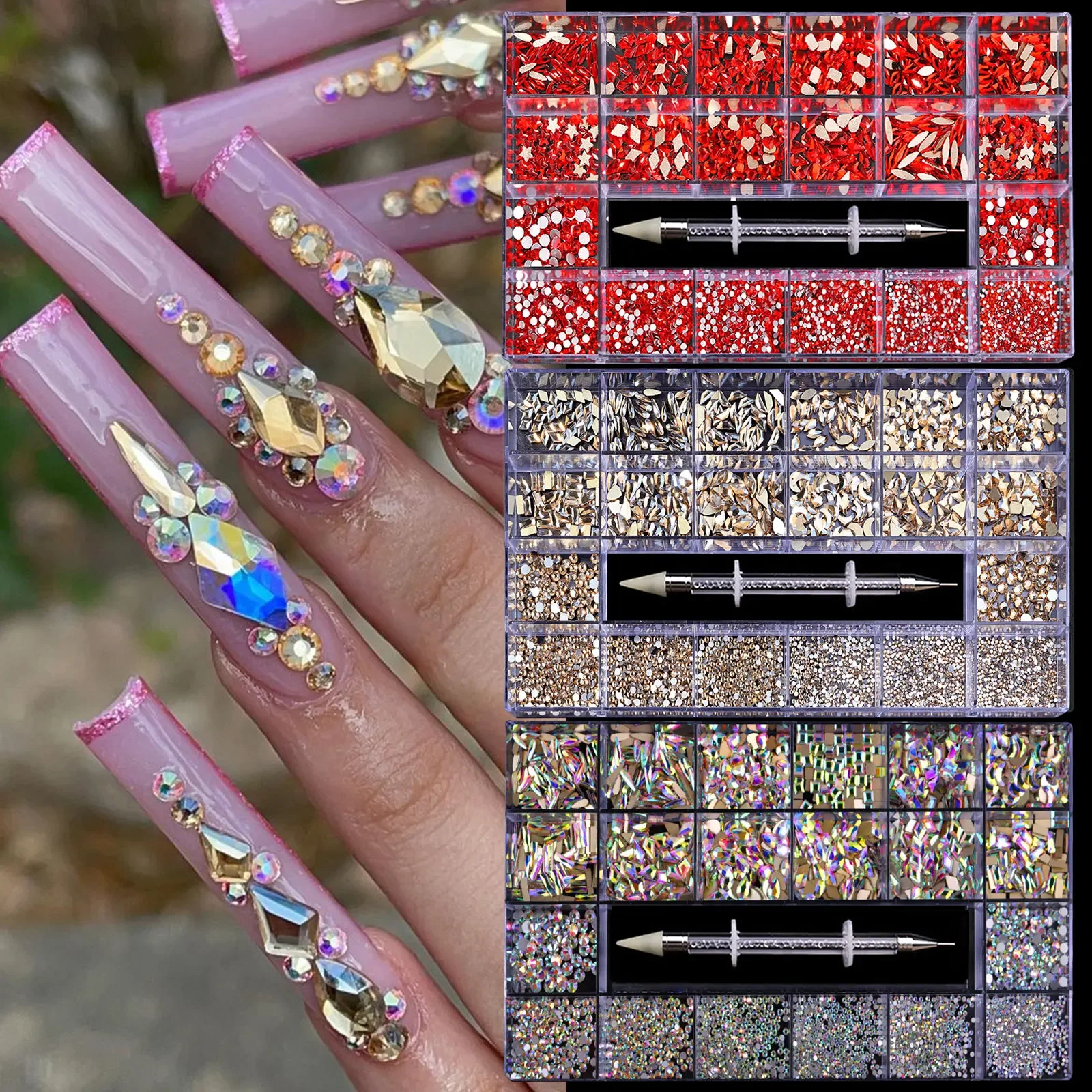 

Boxed Luxury Red Champagne Glass Crystal Diamond Flat Rhinestone 21 Grid Nails Art Decoration Accessories Set With 1 Pick Up Pen