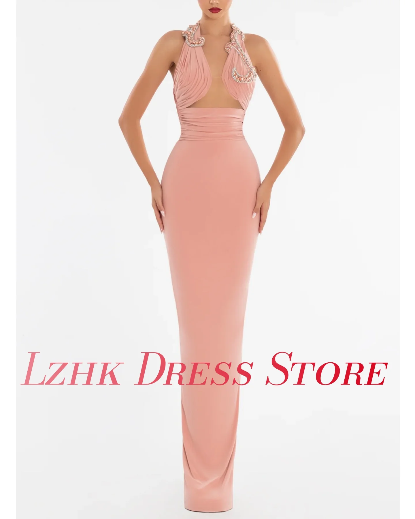 Maßgeschneidertes sexy Jersey-Abendkleid mit geradem Kristall, temperamentvoll, ärmellos, Neckholder, bodenlang, فستان • • Daug__