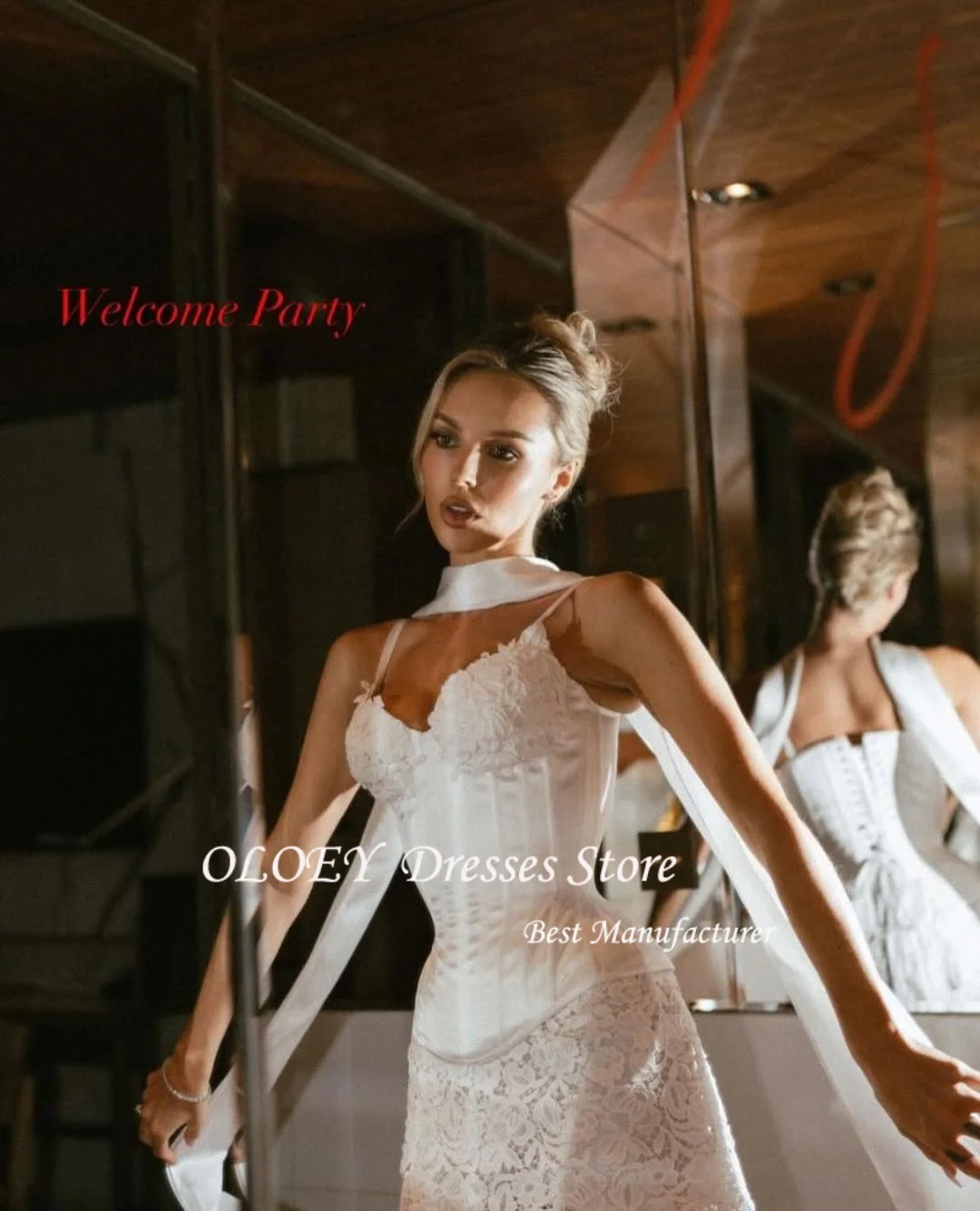 OLOEY koronkowa Mini krótka suknia wieczorowa sukienka bez rękawów Spaghetti pasek suknia dla panny młodej dostosowane suknie ślubne na przyjęcie Robe De Mariée