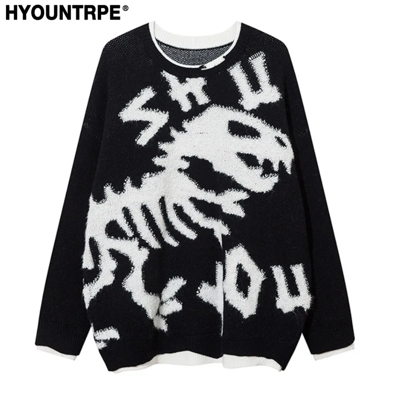 

Hip Hop Knitted Sweater Mens O-neck Dinosaur Pattern Fake Two Pieces Pullover Streetwear Casual Loose Sweater Jumper Knitwear